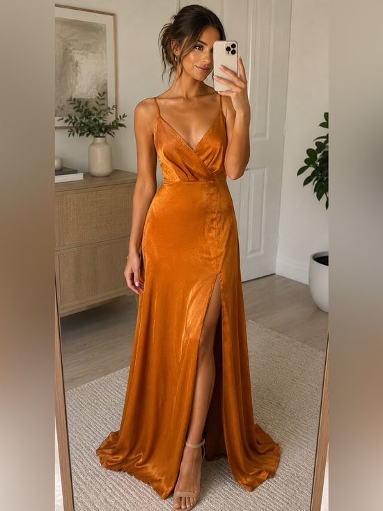 Lulus Dresses & Skirts - Lulus Burnt Orange Satin Maxi Dress High Slit Formal Gown XXS